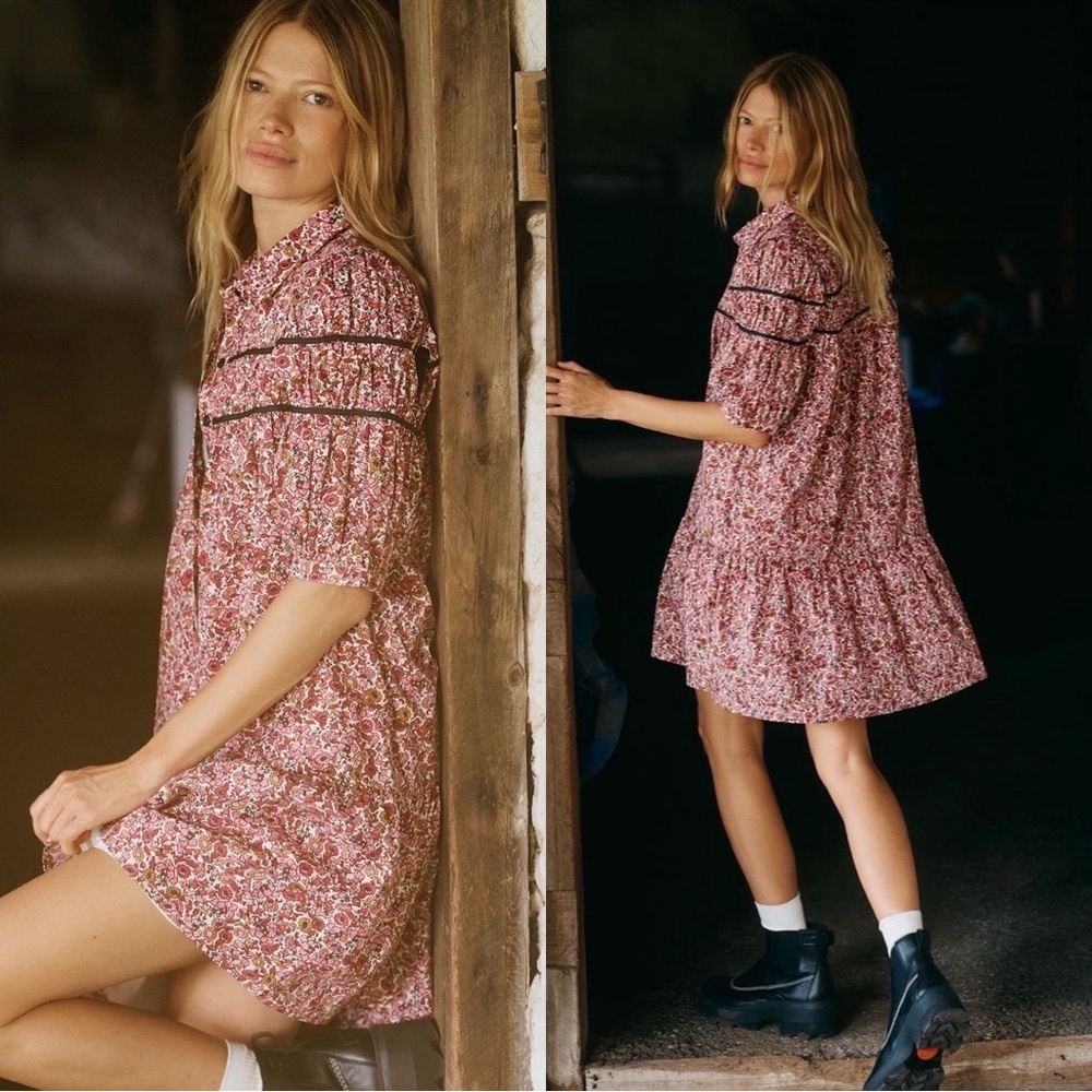 NWT MAEVE Floral Cottage Puff Sleeves Pink Mini Dress Sz L